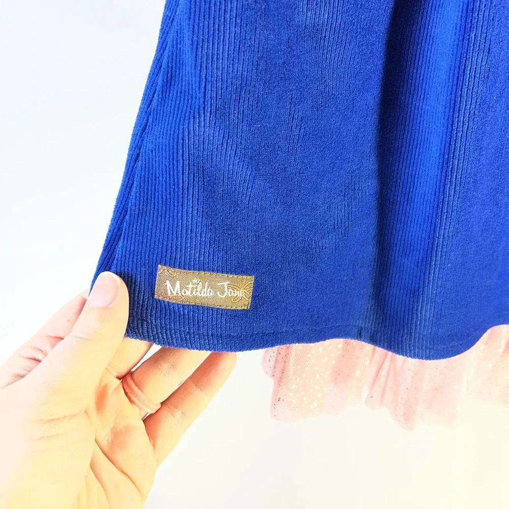 Matilda Jane Girls Sz 8 Blue Clara Heart to Heart Corduroy‎ Ruffle Tulle Dress